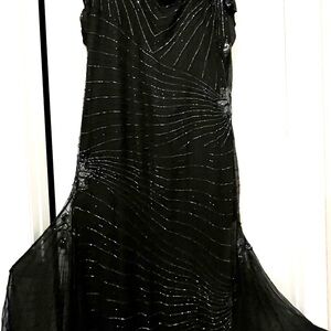 Laurence Kazar Black Maxi Dress,Silk,Hand beaded,2x